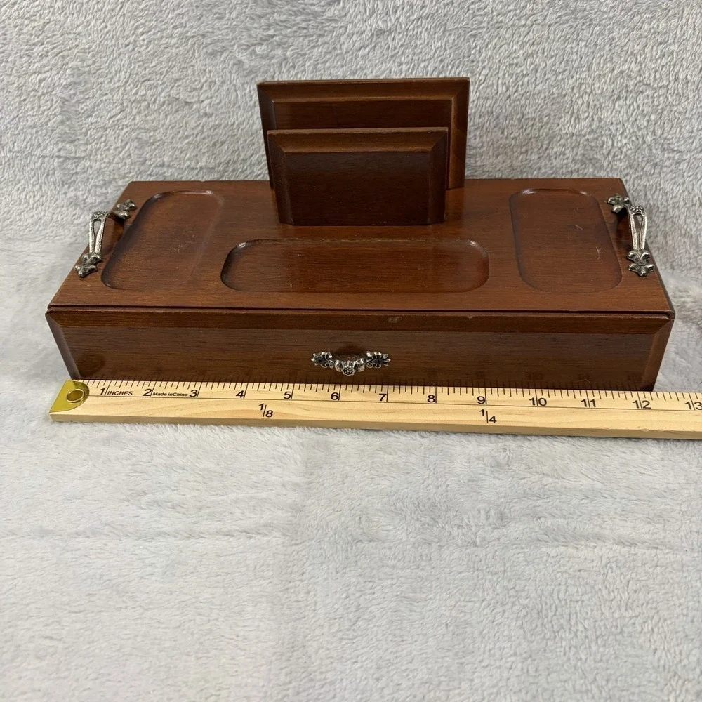 Vintage Wood Dresser Valet Jewelry Box Drawer Coin Tray Card Holder Caddy 12